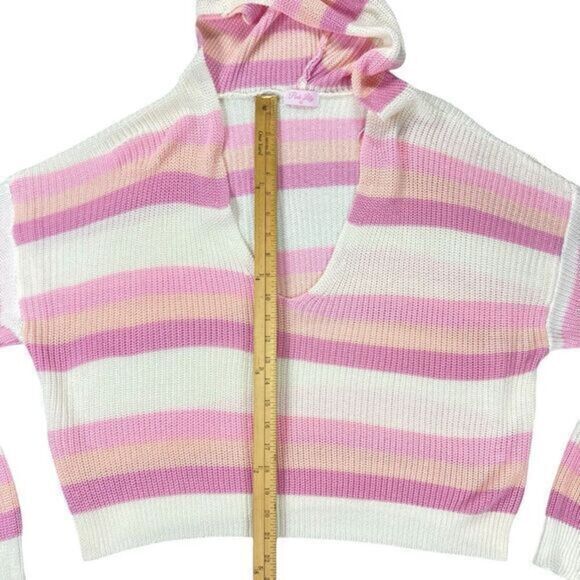 Pink Lily Hoodie Womens Sz M Pink White Striped Pull Over Knit Oversized Sweater - Picture 11 of 16